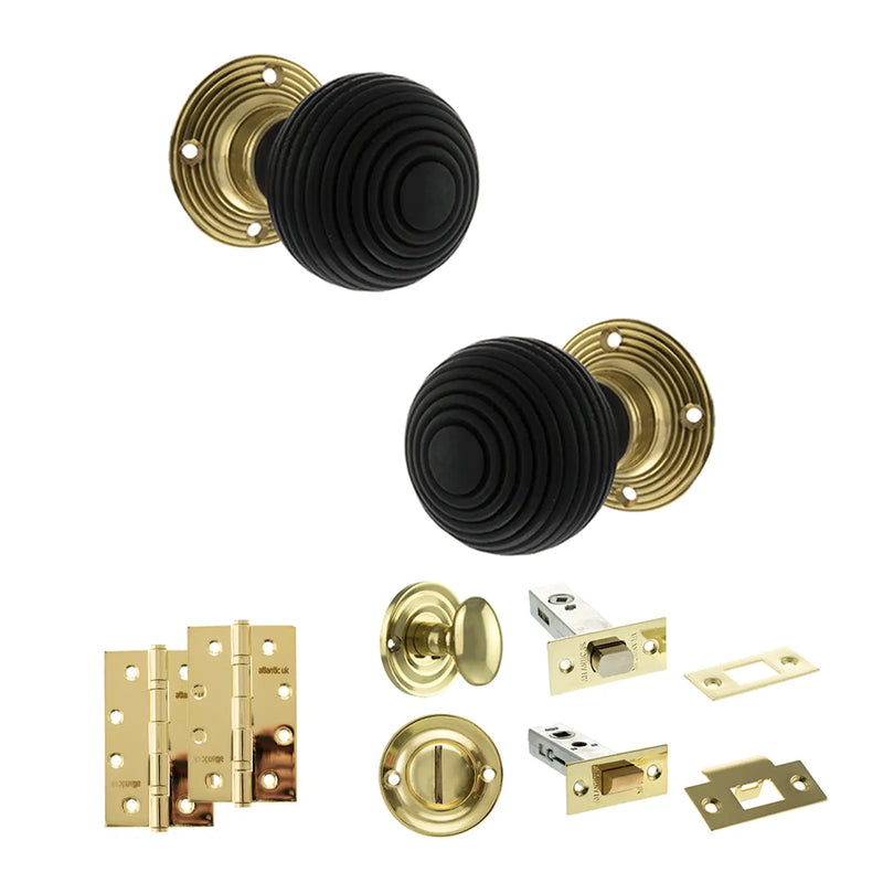 Atlantic Old English Whitby Door Knob Pack (Bathroom Set - 3" Deadbolt, 4" Slim Knuckle Hinges x2)