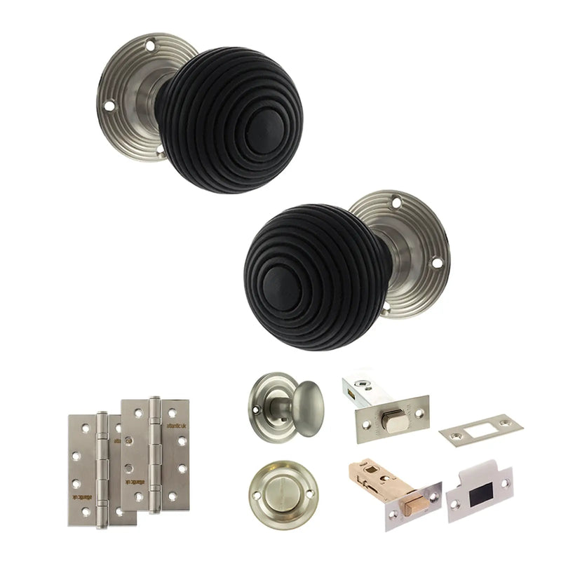 Atlantic Old English Whitby Door Knob Pack (Bathroom Set - 3" Deadbolt, 4" Slim Knuckle Hinges x2)