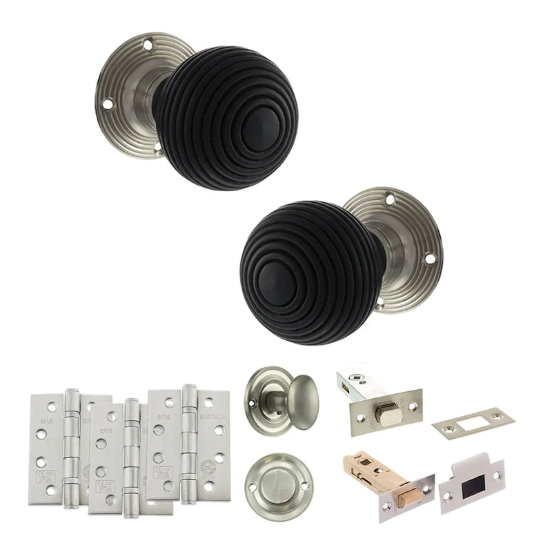 Atlantic Old English Whitby Door Knob Pack (Bathroom Set - 4" Deadbolt, 4" Fire Rated Hinges x3)