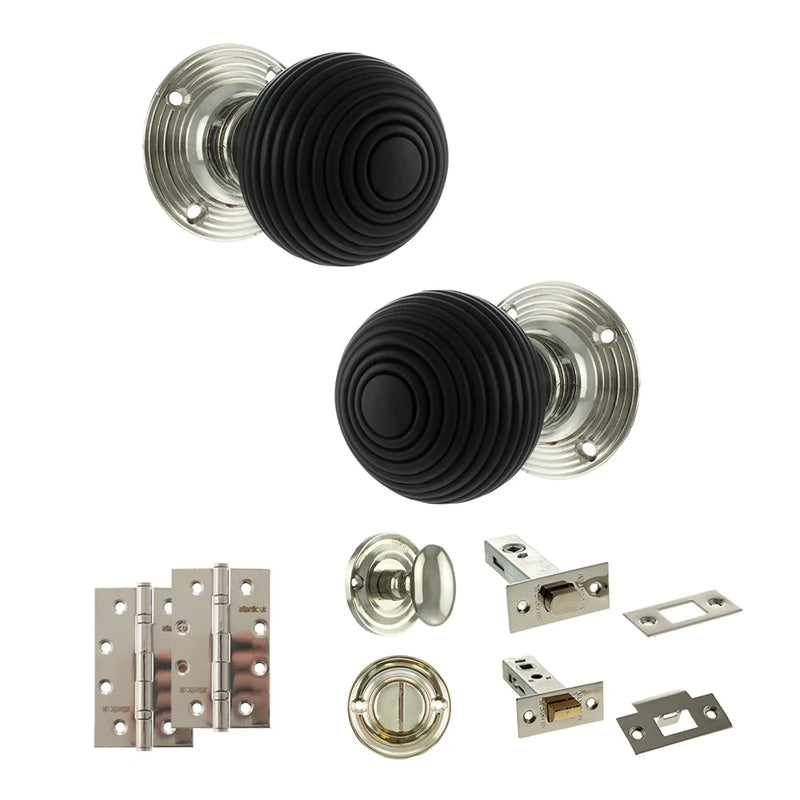 Atlantic Old English Whitby Door Knob Pack (Bathroom Set - 4" Deadbolt, 4" Slim Knuckle Hinges x2)