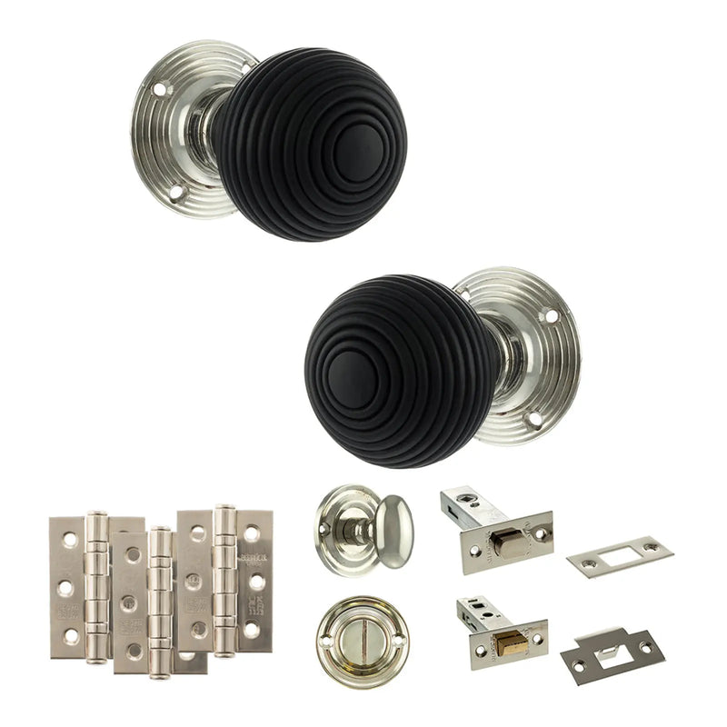 Atlantic Old English Whitby Door Knob Pack (Bathroom Set - 4" Deadbolt, 3" Fire Rated Hinges x3)