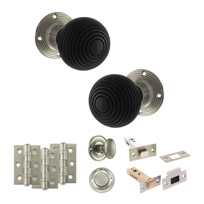 Atlantic Old English Whitby Door Knob Pack (Bathroom Set - 4" Deadbolt, 3" Fire Rated Hinges x3)