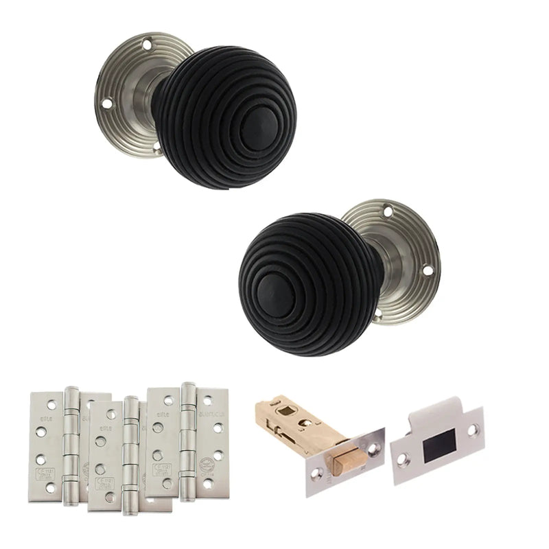Atlantic Old English Whitby Door Knob Pack (Latch Set - 3" HD Latch, 4" Fire Rated Hinges x3)