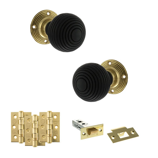 Atlantic Old English Whitby Door Knob Pack (Latch Set - 4" HD Latch, 3" Fire Rated Hinges x3)