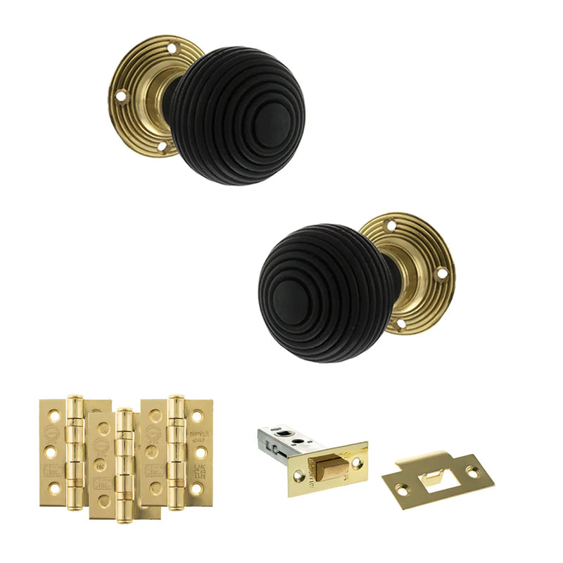 Atlantic Old English Whitby Door Knob Pack (Latch Set - 4" HD Latch, 3" Fire Rated Hinges x3)