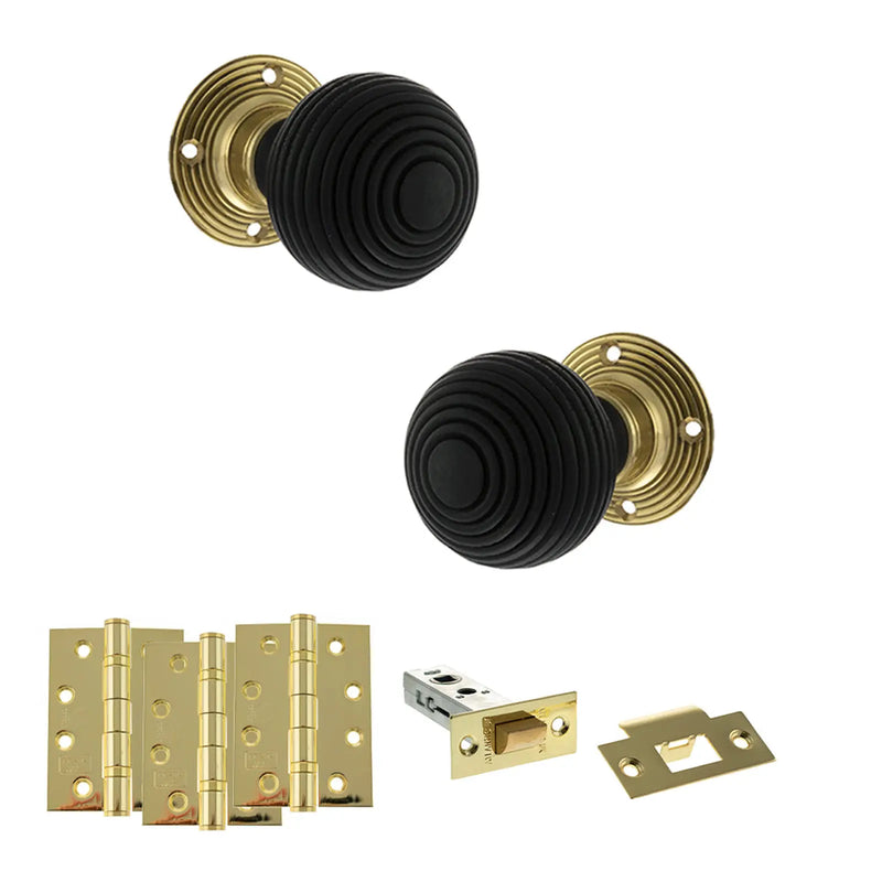 Atlantic Old English Whitby Door Knob Pack (Latch Set - 4" HD Latch, 4" Fire Rated Hinges x3)