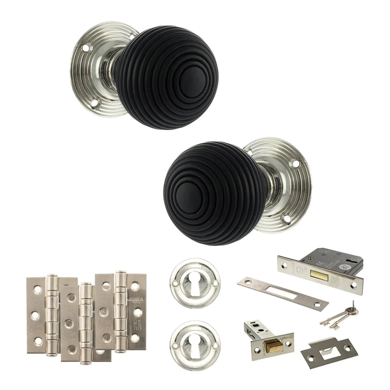 Atlantic Old English Whitby Door Knob Pack (Lock Set - 3" Latch & Deadlock, 3" Fire Rated Hinges x3)