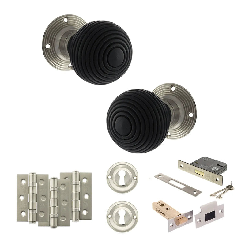 Atlantic Old English Whitby Door Knob Pack (Lock Set - 3" Latch & Deadlock, 3" Fire Rated Hinges x3)