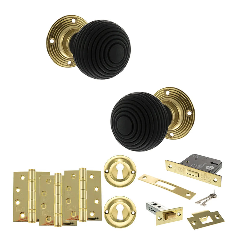Atlantic Old English Whitby Door Knob Pack (Lock Set - 3" Latch & Deadlock, 4" Fire Rated Hinges x3)