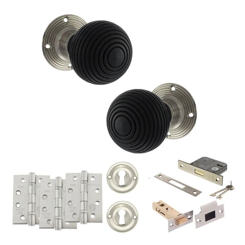 Atlantic Old English Whitby Door Knob Pack (Lock Set - 3" Latch & Deadlock, 4" Fire Rated Hinges x3)