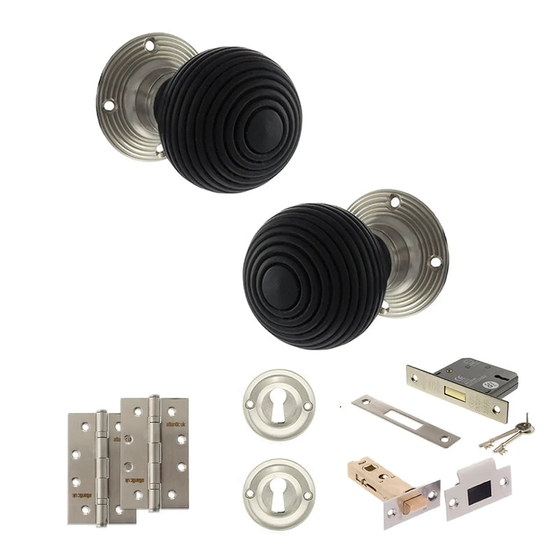 Atlantic Old English Whitby Door Knob Pack (Lock Set - 3" Latch & Deadlock, 4" Slim Knuckle Hinges x2)