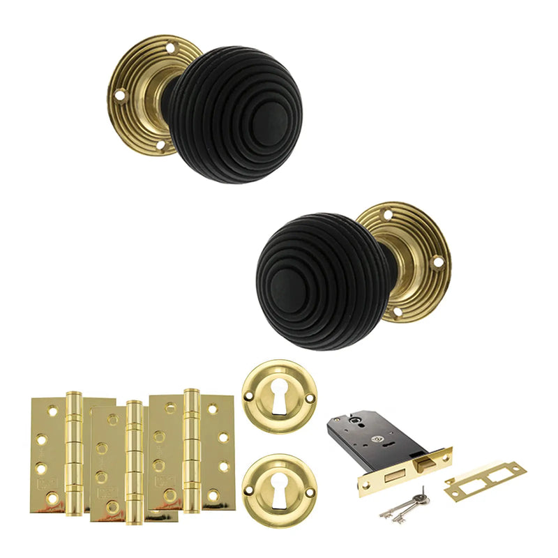 Atlantic Old English Whitby Door Knob Pack (Lock Set - Horizontal Sashlock, 4" Fire Rated Hinges x3)