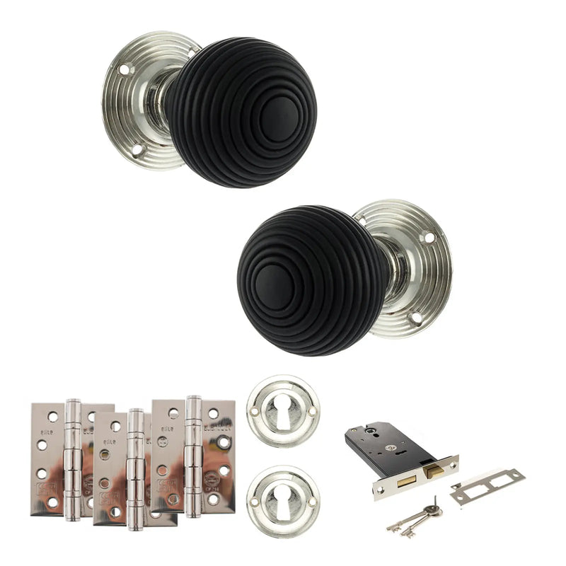 Atlantic Old English Whitby Door Knob Pack (Lock Set - Horizontal Sashlock, 4" Fire Rated Hinges x3)