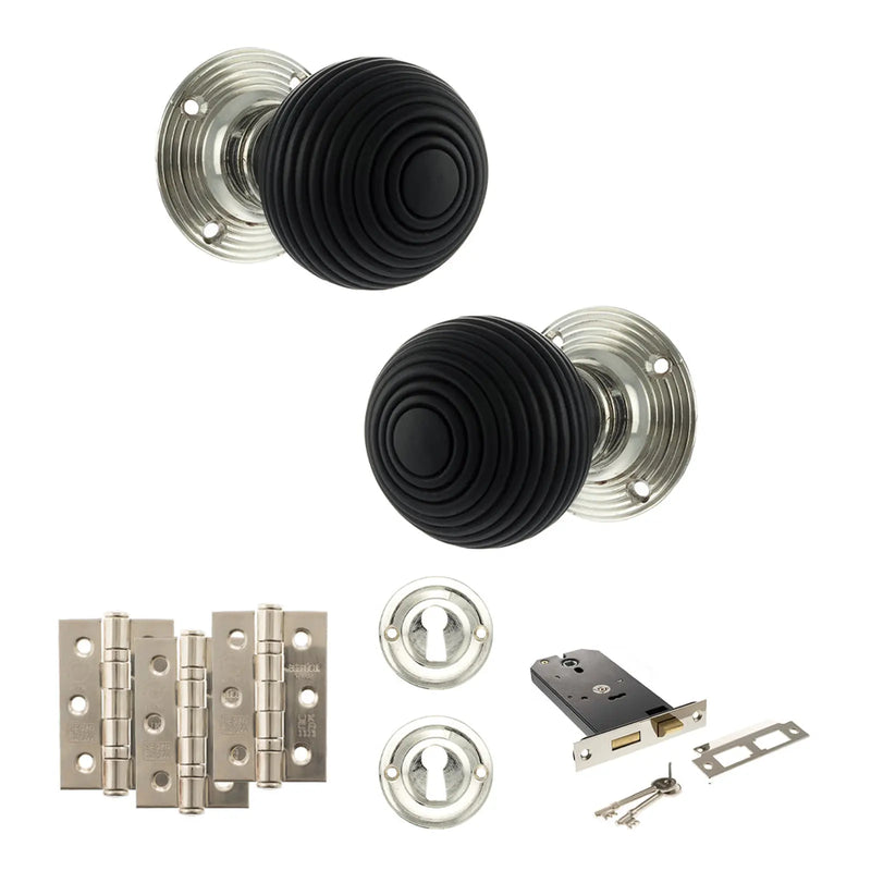 Atlantic Old English Whitby Door Knob Pack (Lock Set - Horizontal Sashlock, 3" Fire Rated Hinges x3)