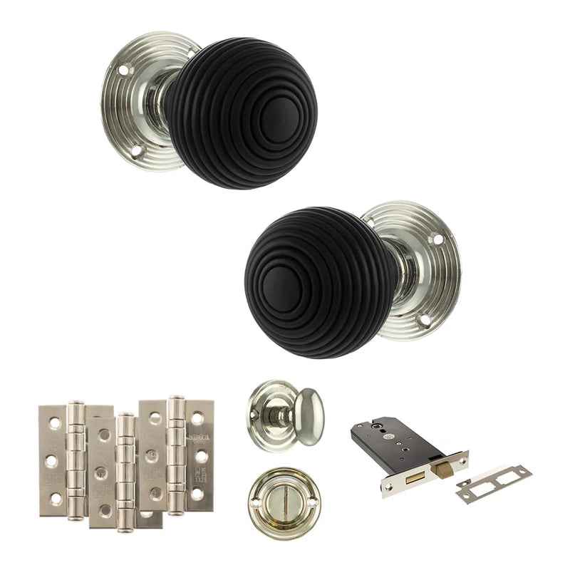 Atlantic Old English Whitby Door Knob Pack (Lock Set - Horizontal Bathlock, 3" Fire Rated Hinges x3)