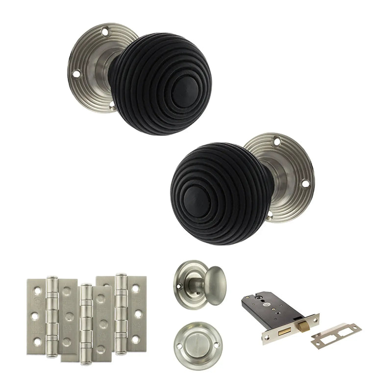 Atlantic Old English Whitby Door Knob Pack (Lock Set - Horizontal Bathlock, 3" Fire Rated Hinges x3)