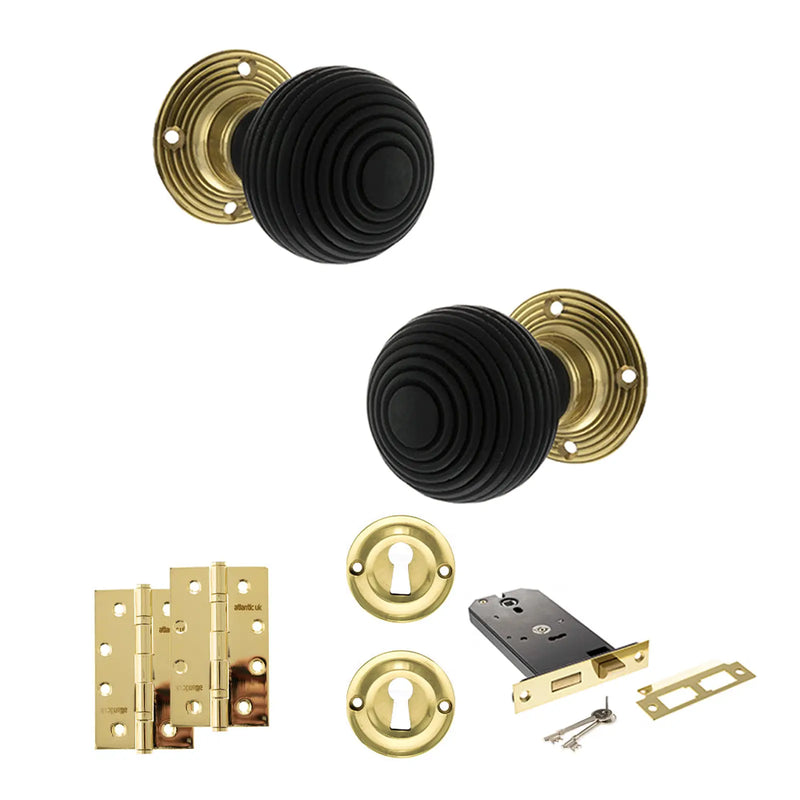 Atlantic Old English Whitby Door Knob Pack (Lock Set - Horizontal Sashlock, 4" Slim Knuckle Hinges x2)