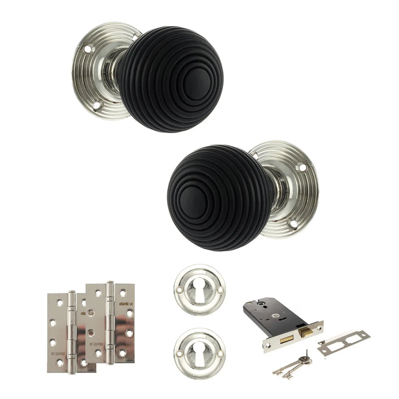 Atlantic Old English Whitby Door Knob Pack (Lock Set - Horizontal Sashlock, 4" Slim Knuckle Hinges x2)