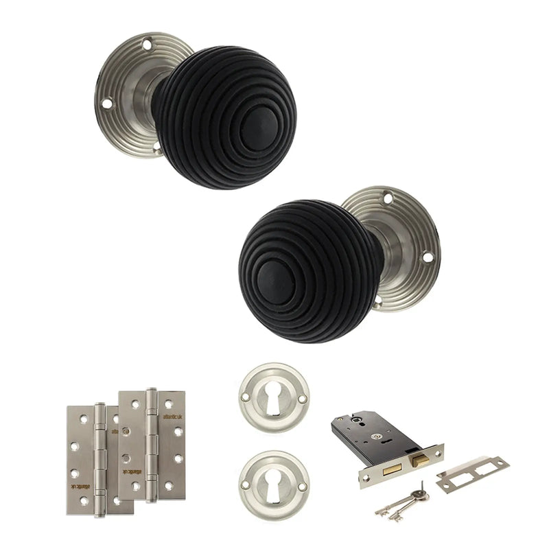 Atlantic Old English Whitby Door Knob Pack (Lock Set - Horizontal Sashlock, 4" Slim Knuckle Hinges x2)