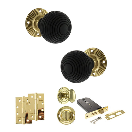 Atlantic Old English Whitby Door Knob Pack (Lock Set - Horizontal Bathlock, 4" Slim Knuckle Hinges x2)