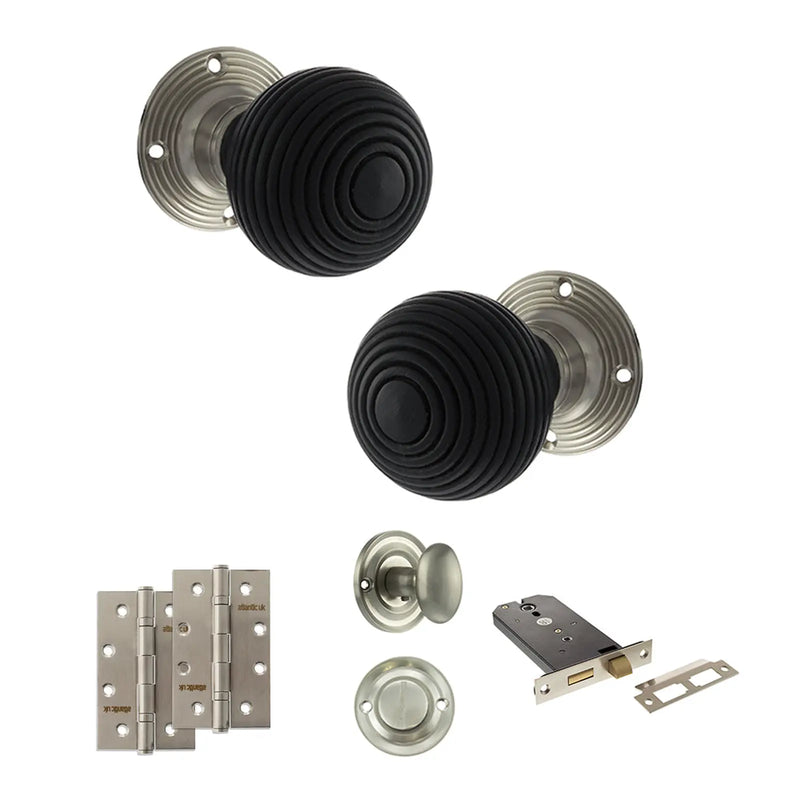 Atlantic Old English Whitby Door Knob Pack (Lock Set - Horizontal Bathlock, 4" Slim Knuckle Hinges x2)