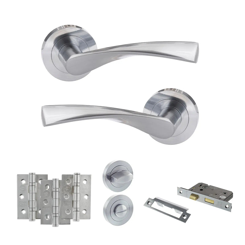 Atlantic Eco Aqua Door Handle Pack (Bathroom Set - 2.5" CE Bathroom Lock, 3" Fire Rated Hinges x3)