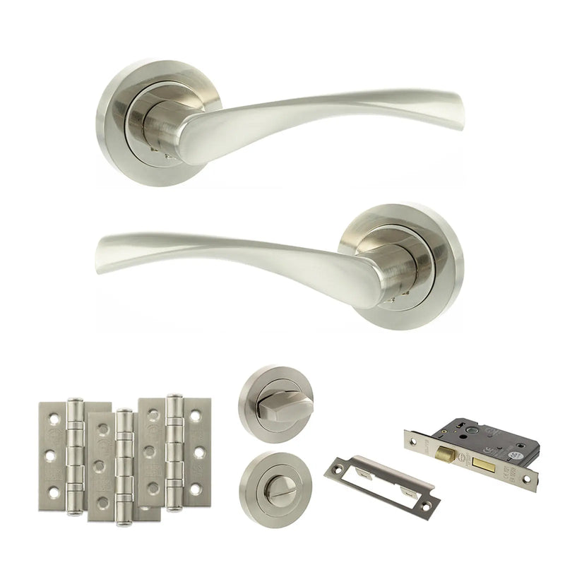 Atlantic Eco Aqua Door Handle Pack (Bathroom Set - 2.5" CE Bathroom Lock, 3" Fire Rated Hinges x3)