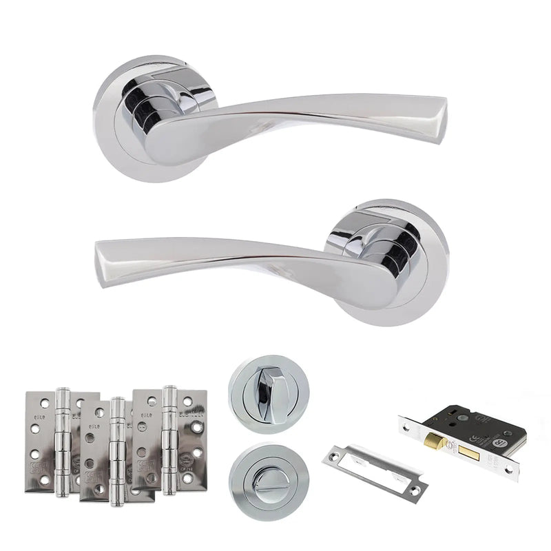Atlantic Eco Aqua Door Handle Pack (Bathroom Set - 2.5" CE Bathroom Lock, 4" Fire Rated Hinges x3)