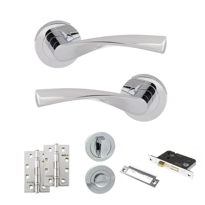 Atlantic Eco Aqua Door Handle Pack (Bathroom Set - 2.5" CE Bathroom Lock, 4" Slim Knuckle Hinges x2)