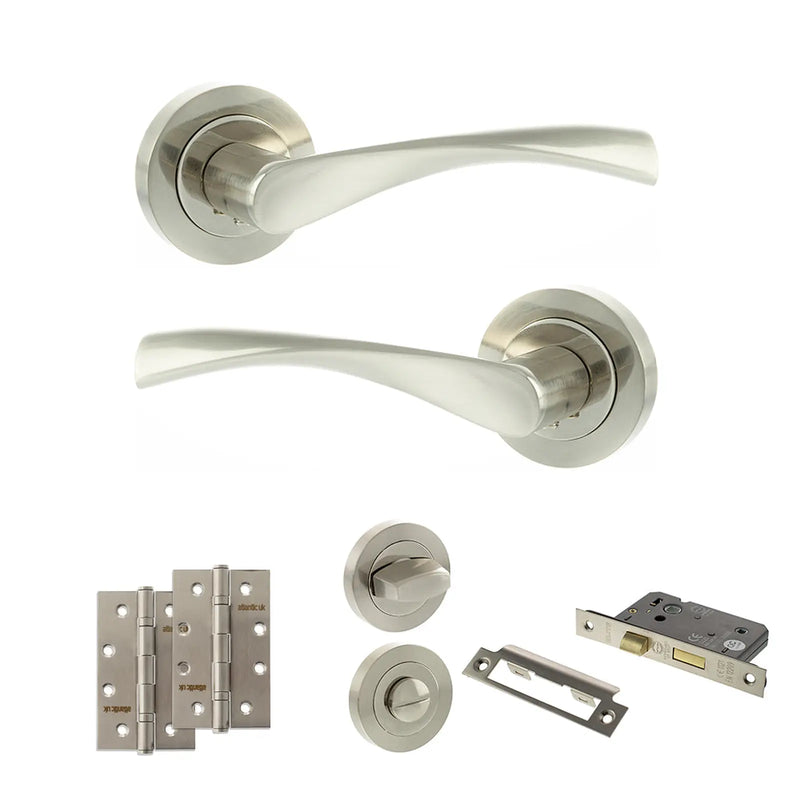 Atlantic Eco Aqua Door Handle Pack (Bathroom Set - 2.5" CE Bathroom Lock, 4" Slim Knuckle Hinges x2)