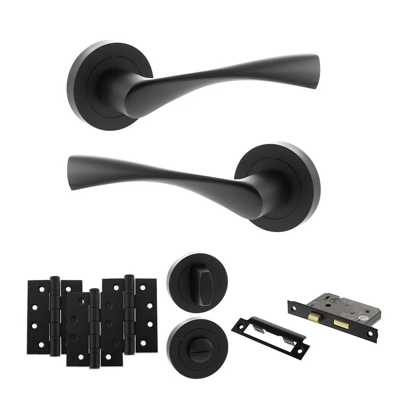 Atlantic Eco Aqua Door Handle Pack (Bathroom Set - 3" CE Bathroom Lock, 4" Fire Rated Hinges x3)
