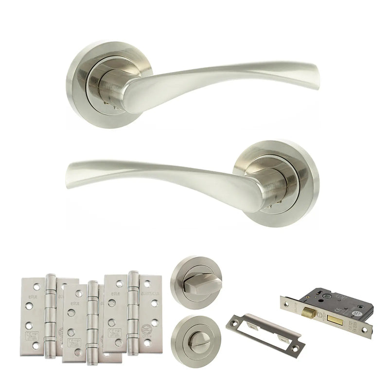 Atlantic Eco Aqua Door Handle Pack (Bathroom Set - 3" CE Bathroom Lock, 4" Fire Rated Hinges x3)