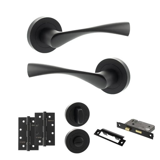 Atlantic Eco Aqua Door Handle Pack (Bathroom Set - 3" CE Bathroom Lock, 4" Slim Knuckle Hinges x2)