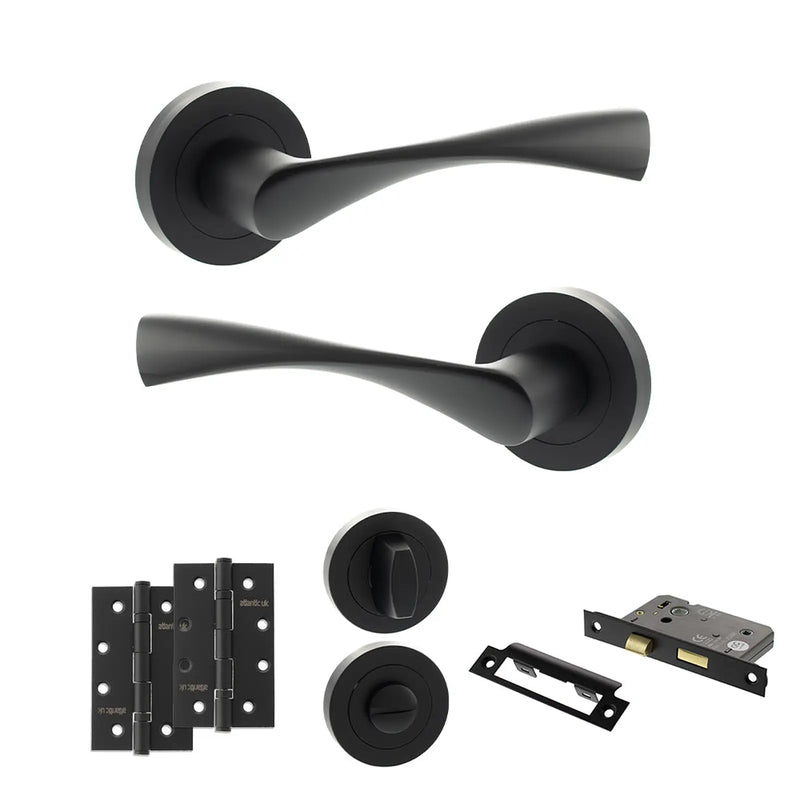 Atlantic Eco Aqua Door Handle Pack (Bathroom Set - 3" CE Bathroom Lock, 4" Slim Knuckle Hinges x2)