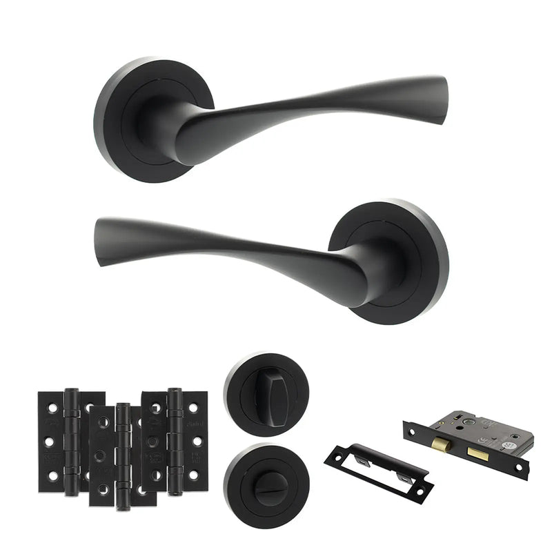Atlantic Eco Aqua Door Handle Pack (Bathroom Set - 3" CE Bathroom Lock, 3" Fire Rated Hinges x3)
