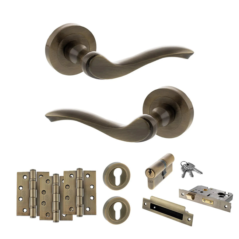 Atlantic Old English Warwick Door Handle Pack (Euro Lock Set - 3" CE Sashlock, 4" Fire Rated Hinges x3)