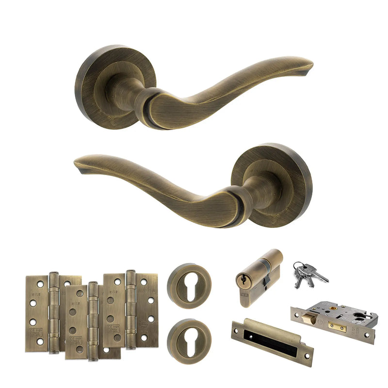 Atlantic Old English Warwick Door Handle Pack (Euro Lock Set - 3" CE Sashlock, 4" Fire Rated Hinges x3)