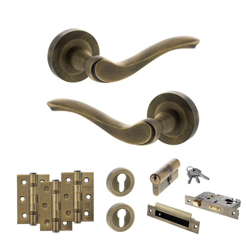 Atlantic Old English Warwick Door Handle Pack (Euro Lock Set - 3" CE Sashlock, 3" Fire Rated Hinges x3)