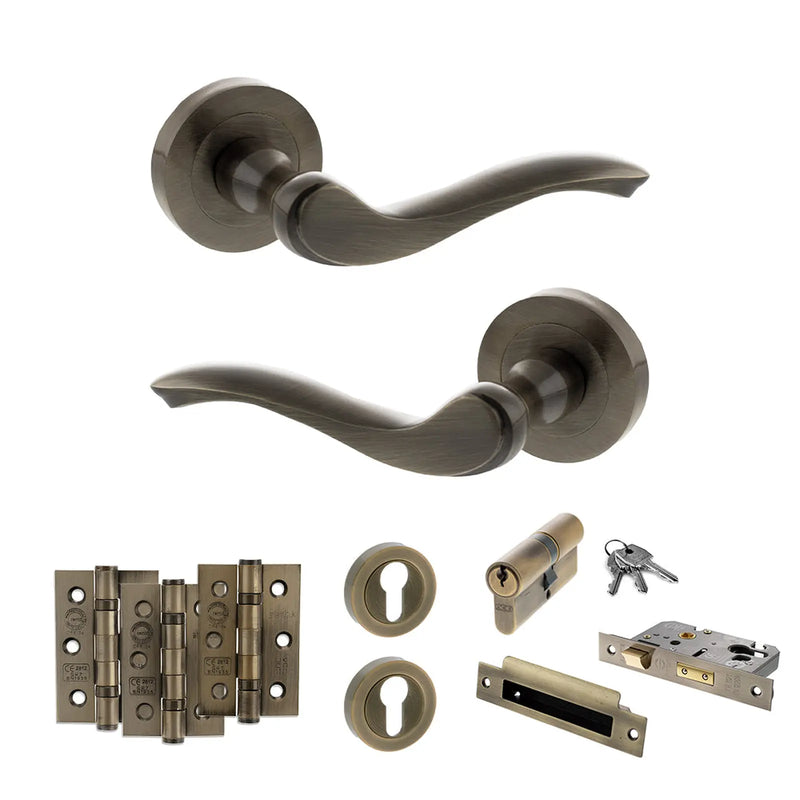 Atlantic Old English Warwick Door Handle Pack (Euro Lock Set - 2.5" CE Sashlock, 3" Fire Rated Hinges x3)