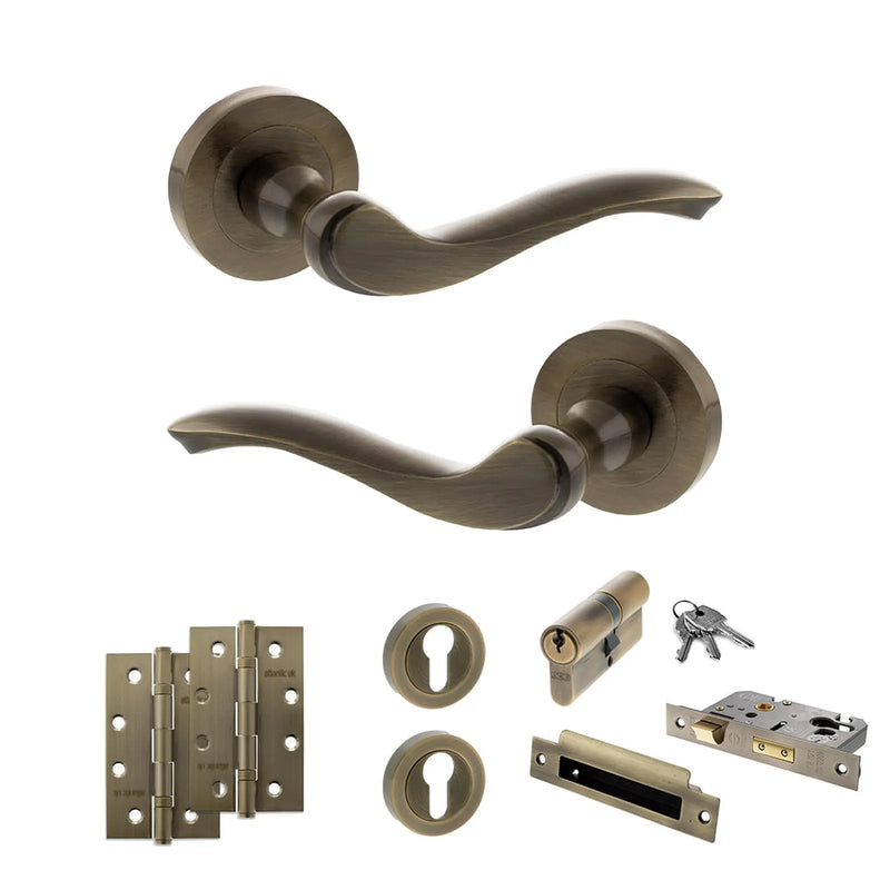Atlantic Old English Warwick Door Handle Pack (Euro Lock Set - 2.5" CE Sashlock, 4" Slim Knuckle Hinges x2)