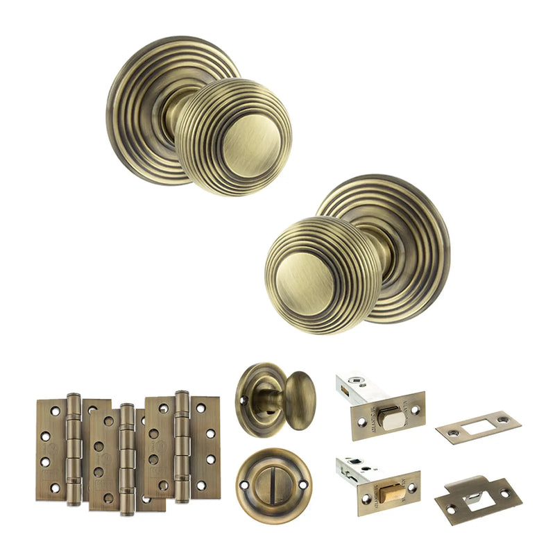 Atlantic Old English Ripon Door Knob Pack (Bathroom Set - 3" Deadbolt, 4" Fire Rated Hinges x3)