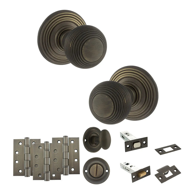 Atlantic Old English Ripon Door Knob Pack (Bathroom Set - 3" Deadbolt, 4" Fire Rated Hinges x3)