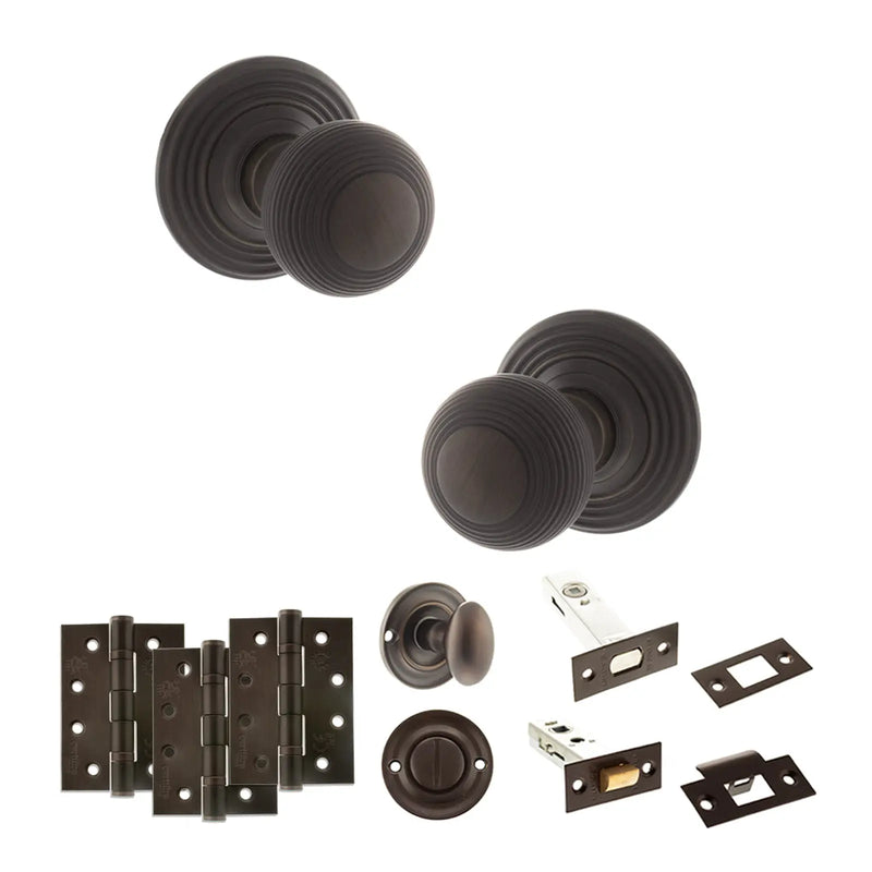 Atlantic Old English Ripon Door Knob Pack (Bathroom Set - 3" Deadbolt, 4" Fire Rated Hinges x3)