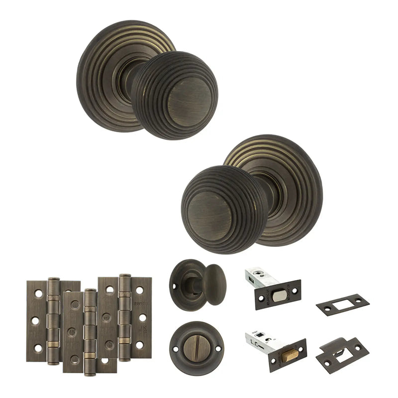 Atlantic Old English Ripon Door Knob Pack (Bathroom Set - 3" Deadbolt, 3" Fire Rated Hinges x3)