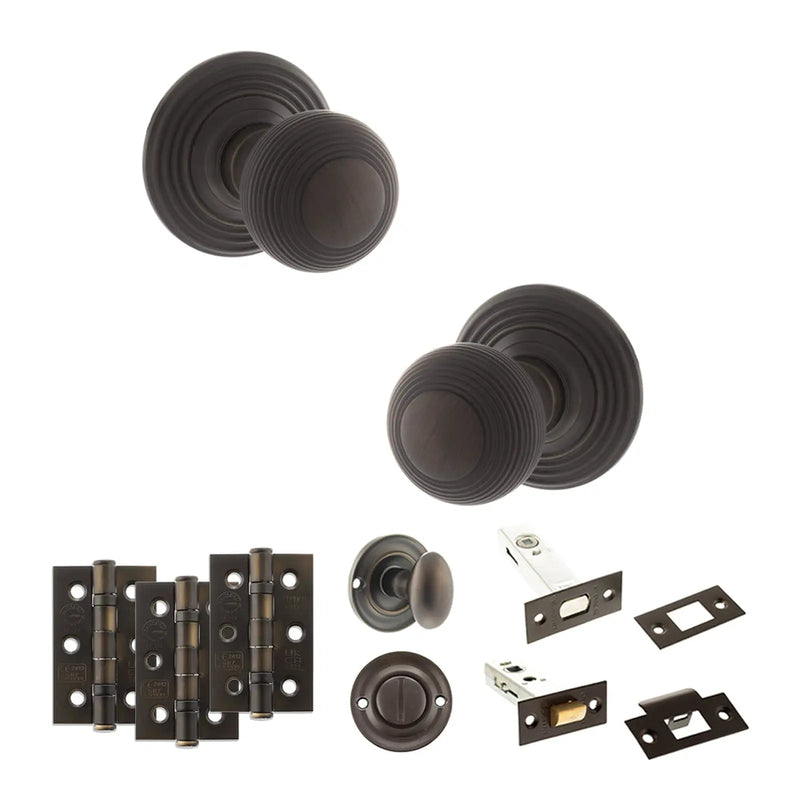 Atlantic Old English Ripon Door Knob Pack (Bathroom Set - 3" Deadbolt, 3" Fire Rated Hinges x3)