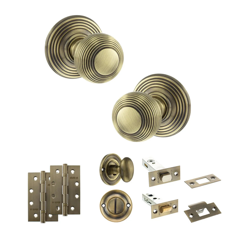 Atlantic Old English Ripon Door Knob Pack (Bathroom Set - 3" Deadbolt, 4" Slim Knuckle Hinges x2)
