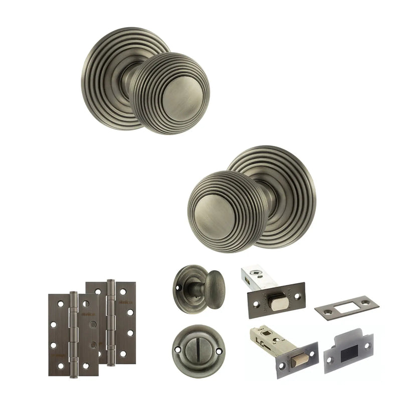 Atlantic Old English Ripon Door Knob Pack (Bathroom Set - 3" Deadbolt, 4" Slim Knuckle Hinges x2)