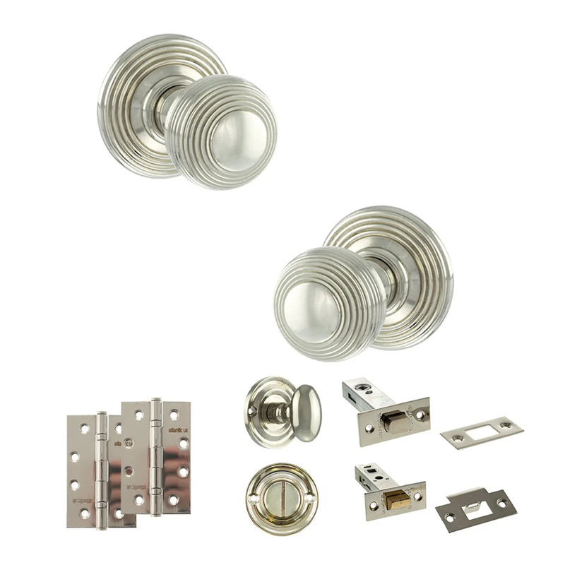 Atlantic Old English Ripon Door Knob Pack (Bathroom Set - 3" Deadbolt, 4" Slim Knuckle Hinges x2)