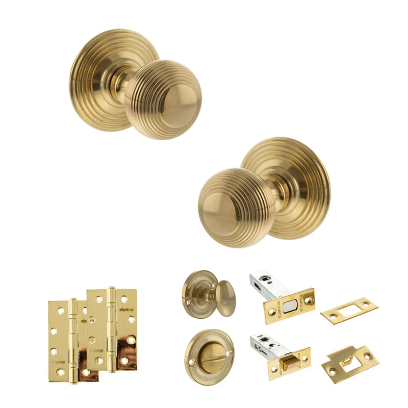 Atlantic Old English Ripon Door Knob Pack (Bathroom Set - 3" Deadbolt, 4" Slim Knuckle Hinges x2)