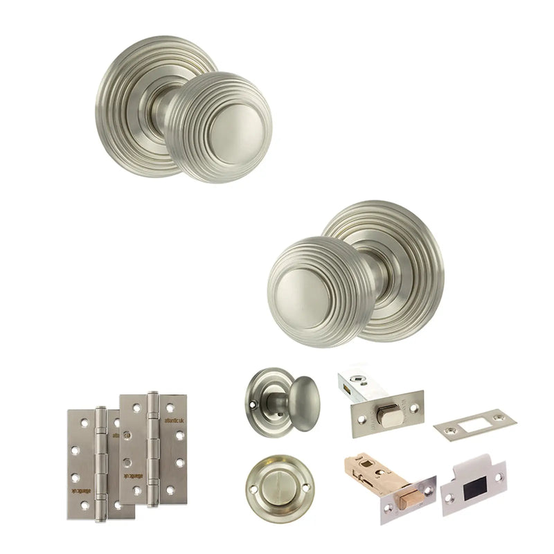 Atlantic Old English Ripon Door Knob Pack (Bathroom Set - 3" Deadbolt, 4" Slim Knuckle Hinges x2)